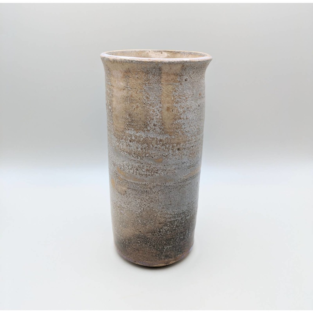 Signed dated studio pottery flower vase beautiful gray beige tan drip glaze 90s